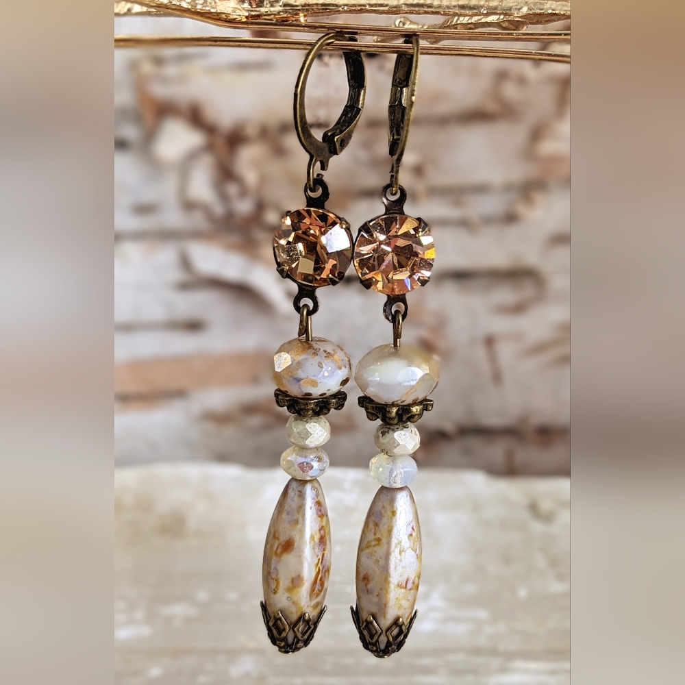 Victorian Rustic  White & Champagne Crystal Chandelier Earrings In Brass